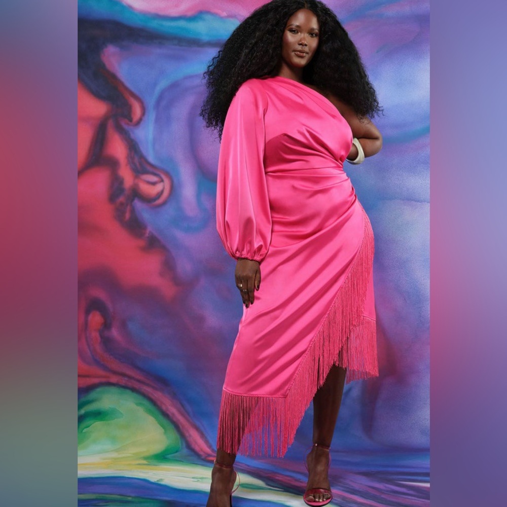 Eloquii Fringe Hem Satin Silk-Like One Shoulder Wrap Pink Plus Size Dress